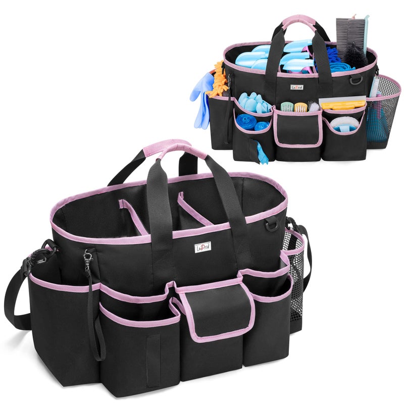 LoDrid Cleaning Caddy Bag with Handle and Shoulder Strap Cleaning Supplies Organizer for Cleaning Work with 3 Compartments and Multifunctional Pockets Black with Pink Edge