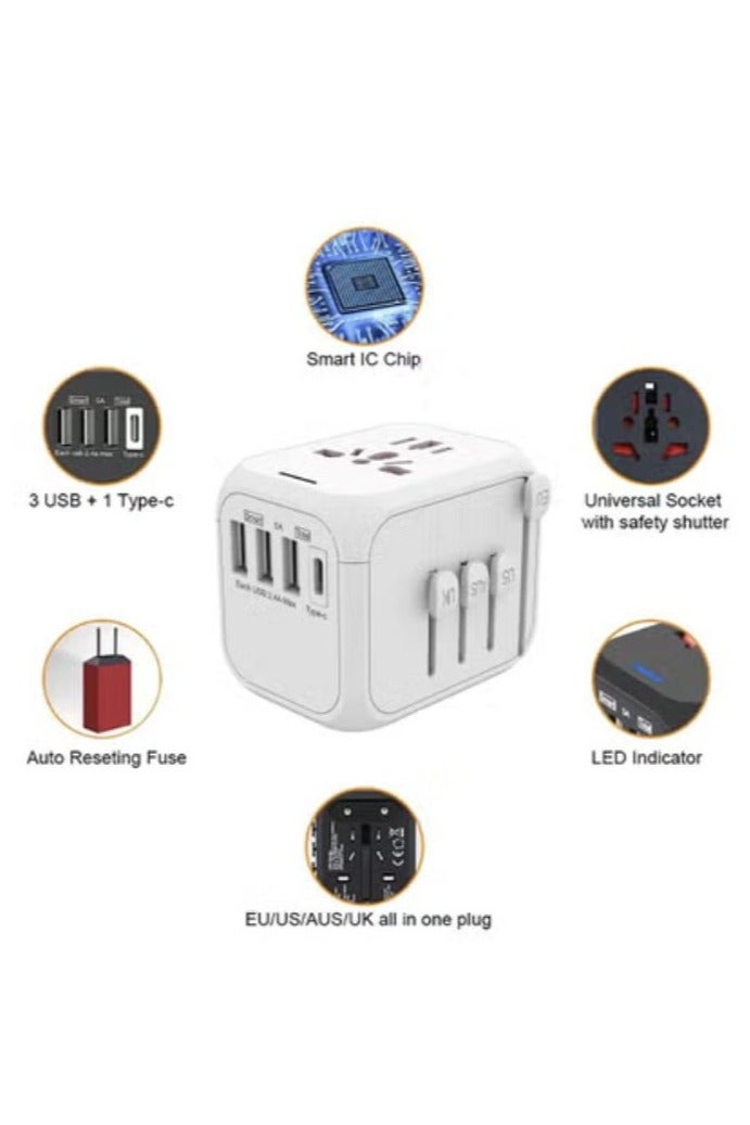 Arabest Universal Travel Power Adapter,100-250V 5A International Wall Charger,  3 USB-A and 1 USB Type-C Ports Adapter Plug, Worldwide AC Outlet Plugs Adapters for Europe, UK, US, AU, Asia - Image 2