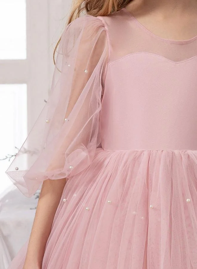 Take Two Girls Solid Faux Pearl Decor Bow Tie Deep V-Back Princess Party Maxi Dress