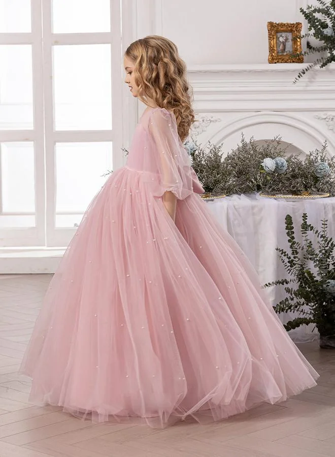 Take Two Girls Solid Faux Pearl Decor Bow Tie Deep V-Back Princess Party Maxi Dress