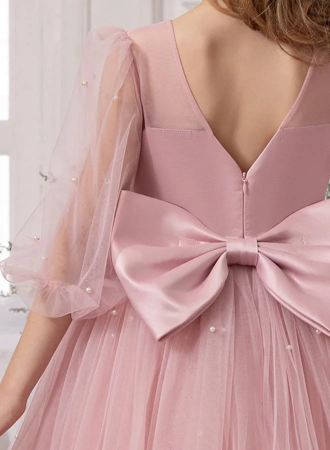 Take Two Girls Solid Faux Pearl Decor Bow Tie Deep V-Back Princess Party Maxi Dress