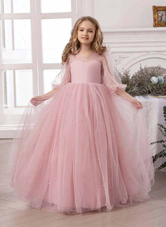 تايك تو فستان حفلات أميرة طويل بياقة على شكل  عميق وزخرفة فيونكة من اللؤلؤ الصناعي للبنات