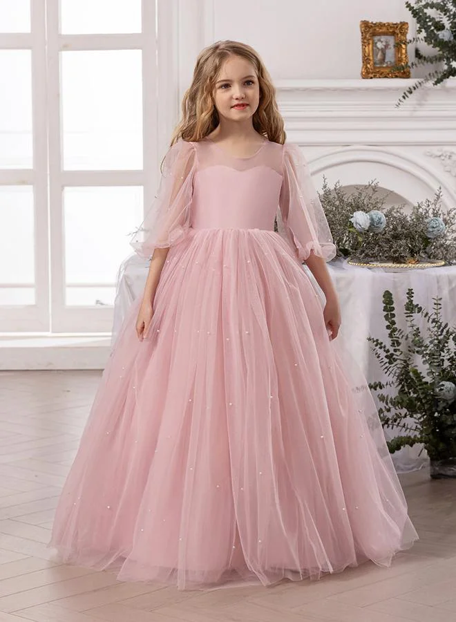Take Two Girls Solid Faux Pearl Decor Bow Tie Deep V-Back Princess Party Maxi Dress