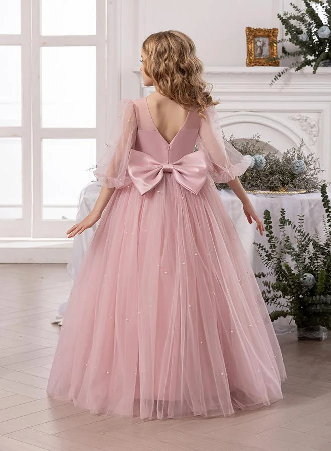 Take Two Girls Solid Faux Pearl Decor Bow Tie Deep V-Back Princess Party Maxi Dress