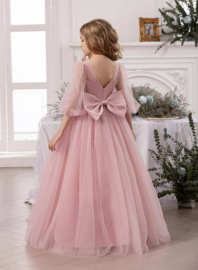 Take Two Girls Solid Faux Pearl Decor Bow Tie Deep V-Back Princess Party Maxi Dress