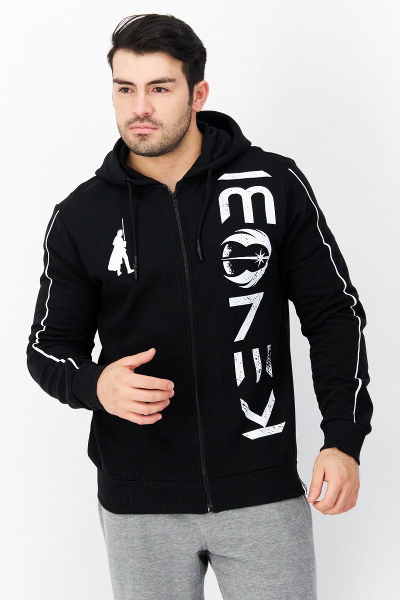 STAR WARS سويت شيرت رجالي بغطاء رأس مع حبل سحب وطباعة جرافيك بأكمام طويلة، أسود - Image 1