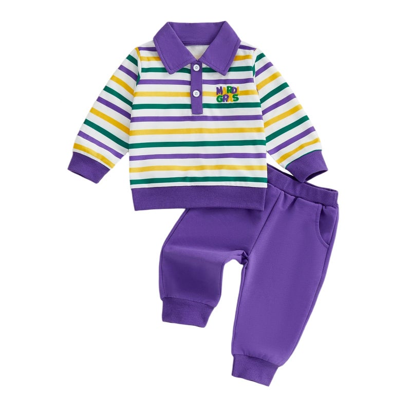 Amnnchya Toddler Baby Boy Valentines Outfit Heart Stripes Sweatshirt Solid Pants Kids Little Boys St Patricks Clothes Set (Purple Mardi Gras Outfit, 18-24 Months) - Image 1