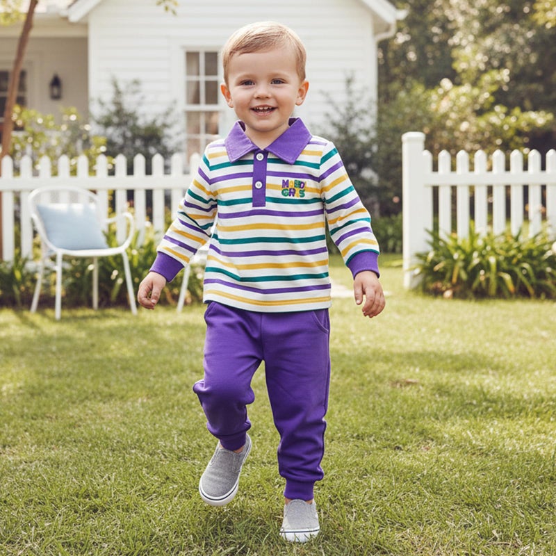 Amnnchya Toddler Baby Boy Valentines Outfit Heart Stripes Sweatshirt Solid Pants Kids Little Boys St Patricks Clothes Set (Purple Mardi Gras Outfit, 18-24 Months) - Image 3