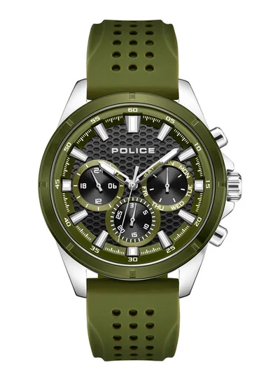 بوليس Men's Motion 45mm Multifunction Watch with Olive Green Dial, Honeycomb Texture, IP Olive Topring & Silicone Strap