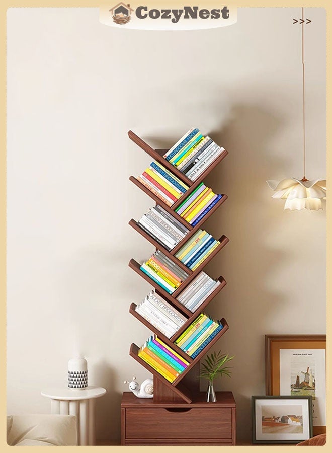 CozyNest Vintage Sandalwood Color Tree Bookshelf, Narrow Multi-Tier Freestanding Bookcase, Creative Space-Saving Storage Shelf for Living Room Bedroom Home - Image 1