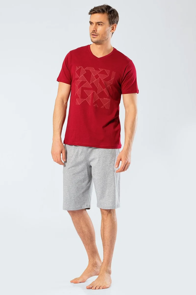 cacharel 2199 Claret Red Men's Printed V Neck Bermuda Shorts Pajama Set