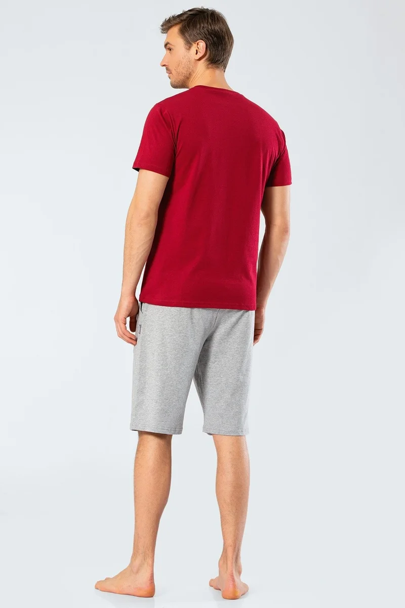 cacharel 2199 Claret Red Men's Printed V Neck Bermuda Shorts Pajama Set