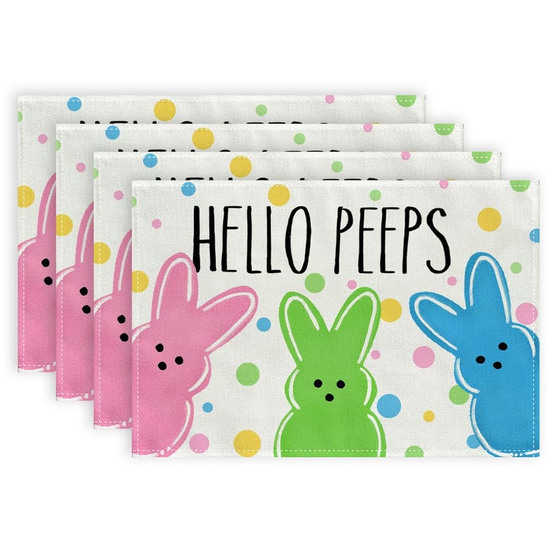 ARKENY Easter Placemats 12x18 Inches Set of 4, Bunny Rabbit Hello Peeps Spring Holiday Farmhouse Polka Dot Burlap Indoor Table Mats Decorations for Home AP567-4 - Image 1