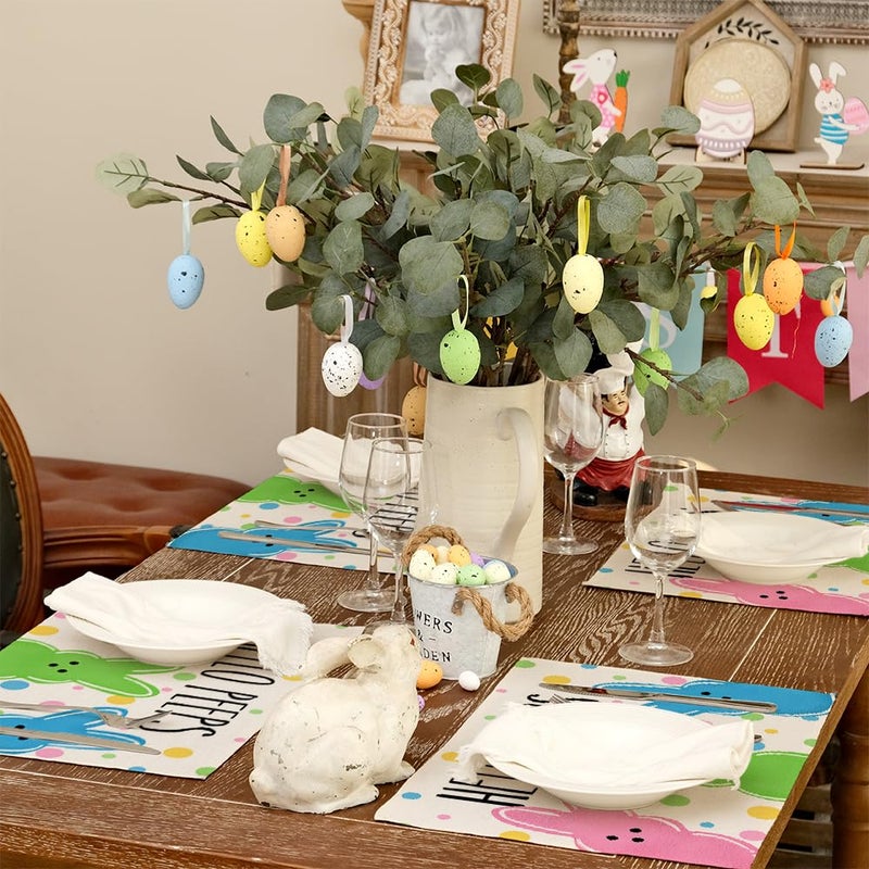 ARKENY Easter Placemats 12x18 Inches Set of 4, Bunny Rabbit Hello Peeps Spring Holiday Farmhouse Polka Dot Burlap Indoor Table Mats Decorations for Home AP567-4 - Image 2