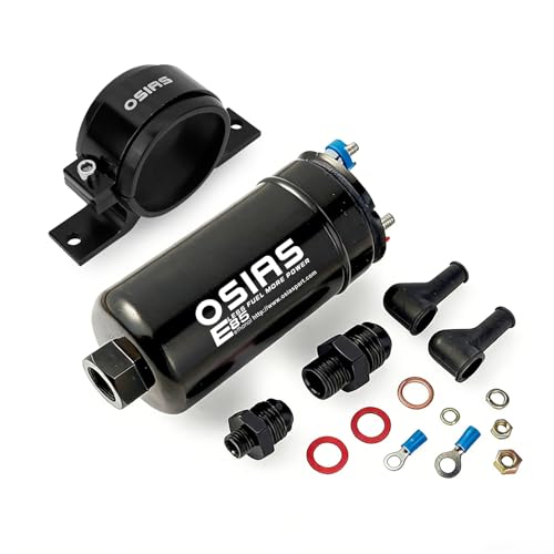 OSIAS External Inline Fuel Pump EFI 380LH 1000HP High Flow 12V With AN10 Inlet / AN6 Outlet + 60 mm Bracket Clamp Black Fit 044 Fuel Pump - Image 1