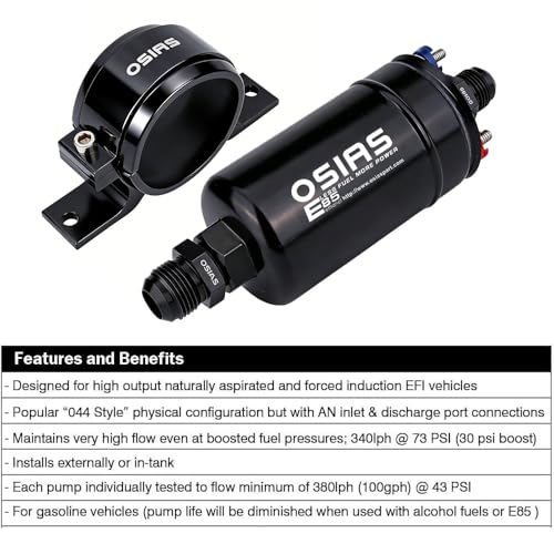 OSIAS External Inline Fuel Pump EFI 380LH 1000HP High Flow 12V With AN10 Inlet / AN6 Outlet + 60 mm Bracket Clamp Black Fit 044 Fuel Pump - Image 3