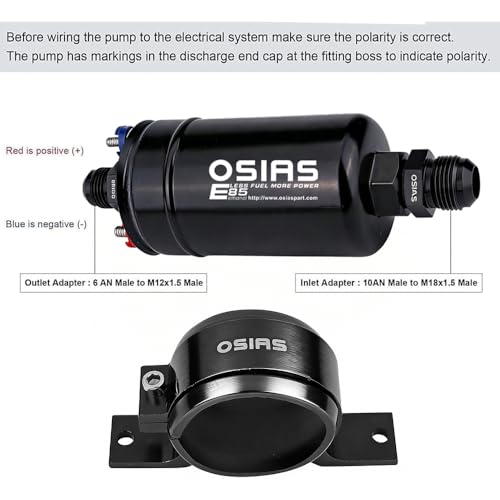 OSIAS External Inline Fuel Pump EFI 380LH 1000HP High Flow 12V With AN10 Inlet / AN6 Outlet + 60 mm Bracket Clamp Black Fit 044 Fuel Pump - Image 5