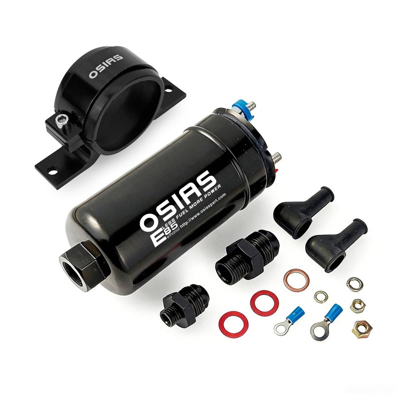OSIAS External Inline Fuel Pump EFI 380LH 1000HP High Flow 12V With AN10 Inlet / AN6 Outlet + 60 mm Bracket Clamp Black Fit 044 Fuel Pump - Image 2