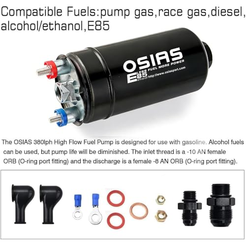 OSIAS External Inline Fuel Pump EFI 380LH 1000HP High Flow 12V With AN10 Inlet / AN6 Outlet + 60 mm Bracket Clamp Black Fit 044 Fuel Pump - Image 4