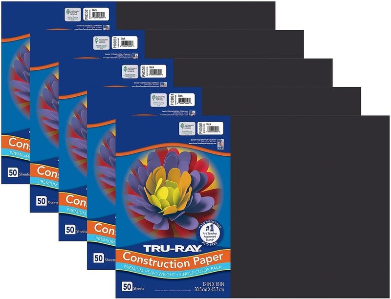 TRU-RAY ® Construction Paper, Black, 12" x 18", 50 Sheets Per Pack, 5 Packs - Image 1