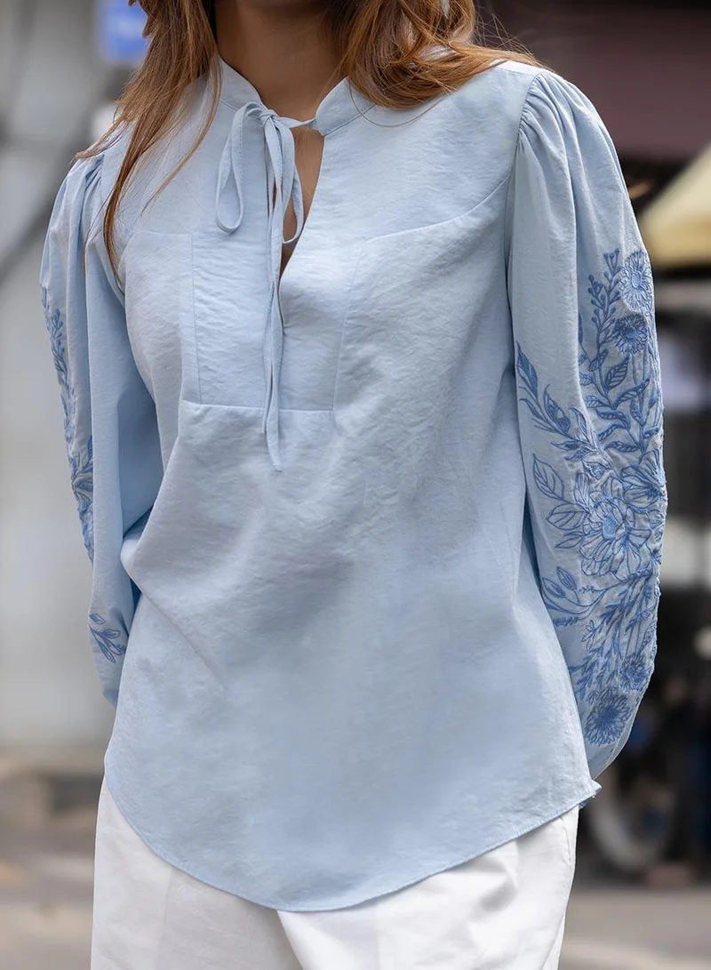 Zigzag  Side Sleeve Embroidered Blue Casual Top for Women | Best Price UAE