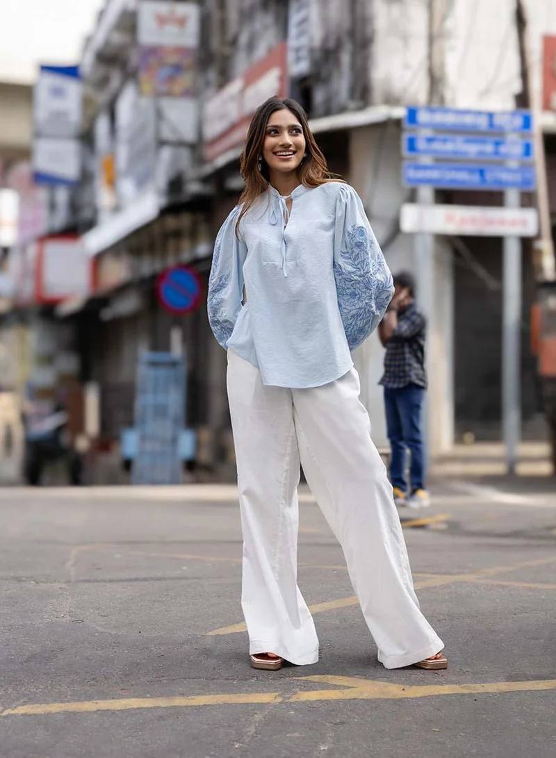 Zigzag Side Sleeve Embroidered Blue Casual Top