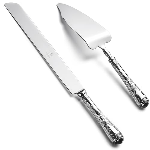 OTW PAVILION 2 Piece Wedding Cake Server Set,18/10 Stainless Steel Dessert Set Pie Server Cake Cutter Knife for Birthday,Anniversary,Holiday,Baby Shower,Party (Versailles, Stainless steel-V) - Image 1
