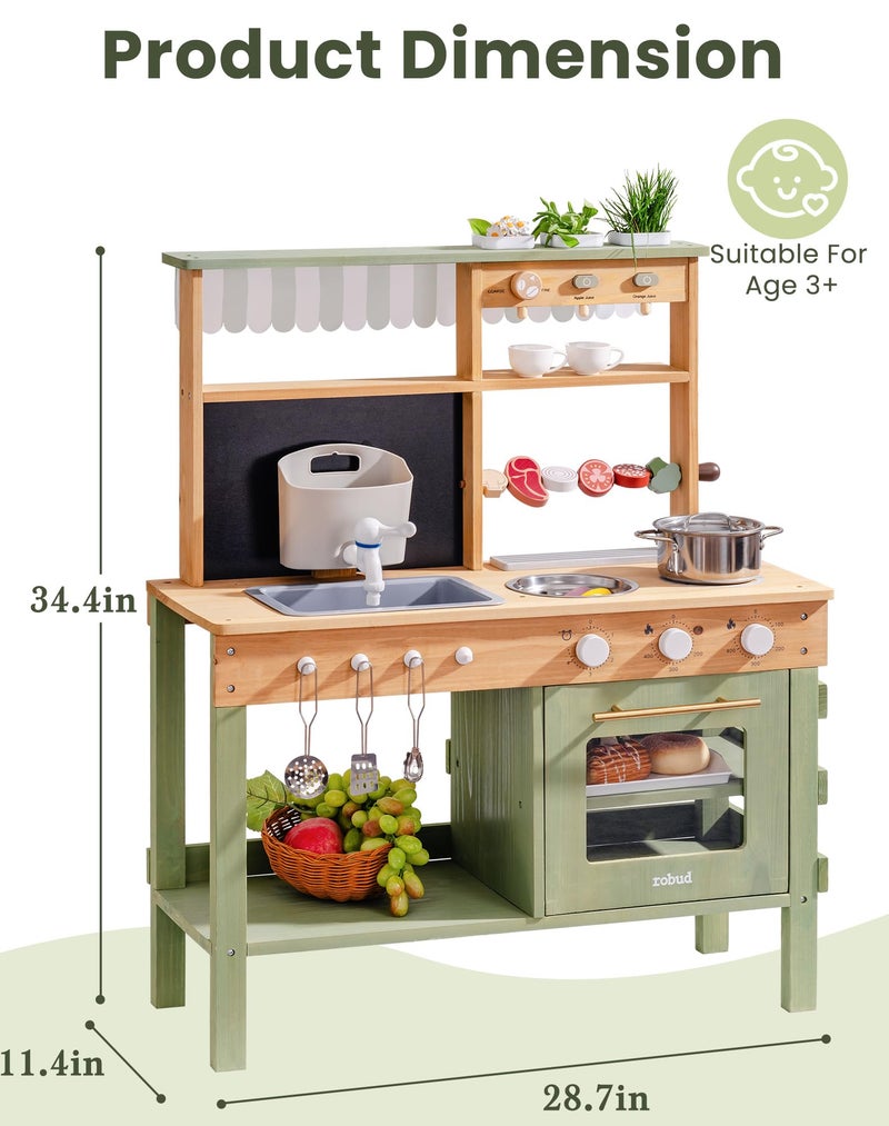 ROBUD Mud Kitchen for Kids Outdoor, BBQ Grill Solid Wood Outdoor Play Kitchen, Green Kids Mud Kitchen with Working Water Tap, Blackboard, Garden Sink, Monteeori Toys for Children Ages 3+, WH003-2 - Image 2