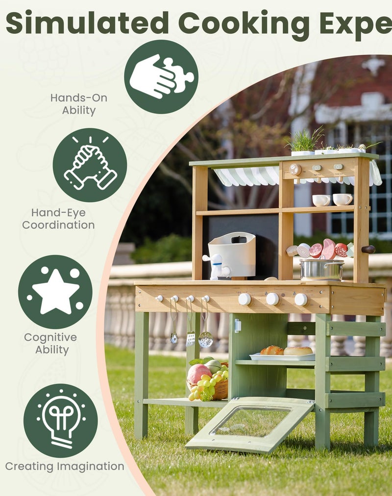 ROBUD Mud Kitchen for Kids Outdoor, BBQ Grill Solid Wood Outdoor Play Kitchen, Green Kids Mud Kitchen with Working Water Tap, Blackboard, Garden Sink, Monteeori Toys for Children Ages 3+, WH003-2 - Image 4