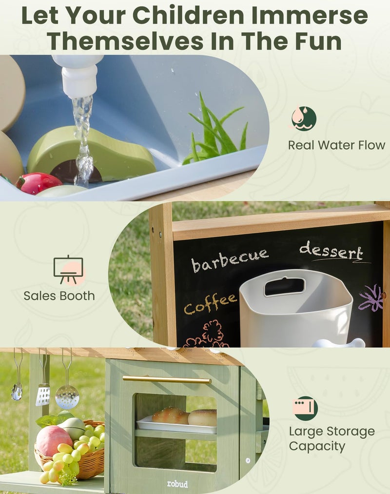 ROBUD Mud Kitchen for Kids Outdoor, BBQ Grill Solid Wood Outdoor Play Kitchen, Green Kids Mud Kitchen with Working Water Tap, Blackboard, Garden Sink, Monteeori Toys for Children Ages 3+, WH003-2 - Image 5