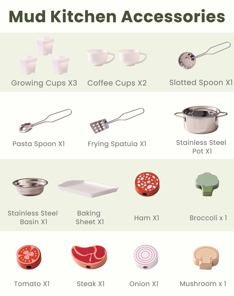 ROBUD Mud Kitchen for Kids Outdoor, BBQ Grill Solid Wood Outdoor Play Kitchen, Green Kids Mud Kitchen with Working Water Tap, Blackboard, Garden Sink, Monteeori Toys for Children Ages 3+, WH003-2 - Image 3