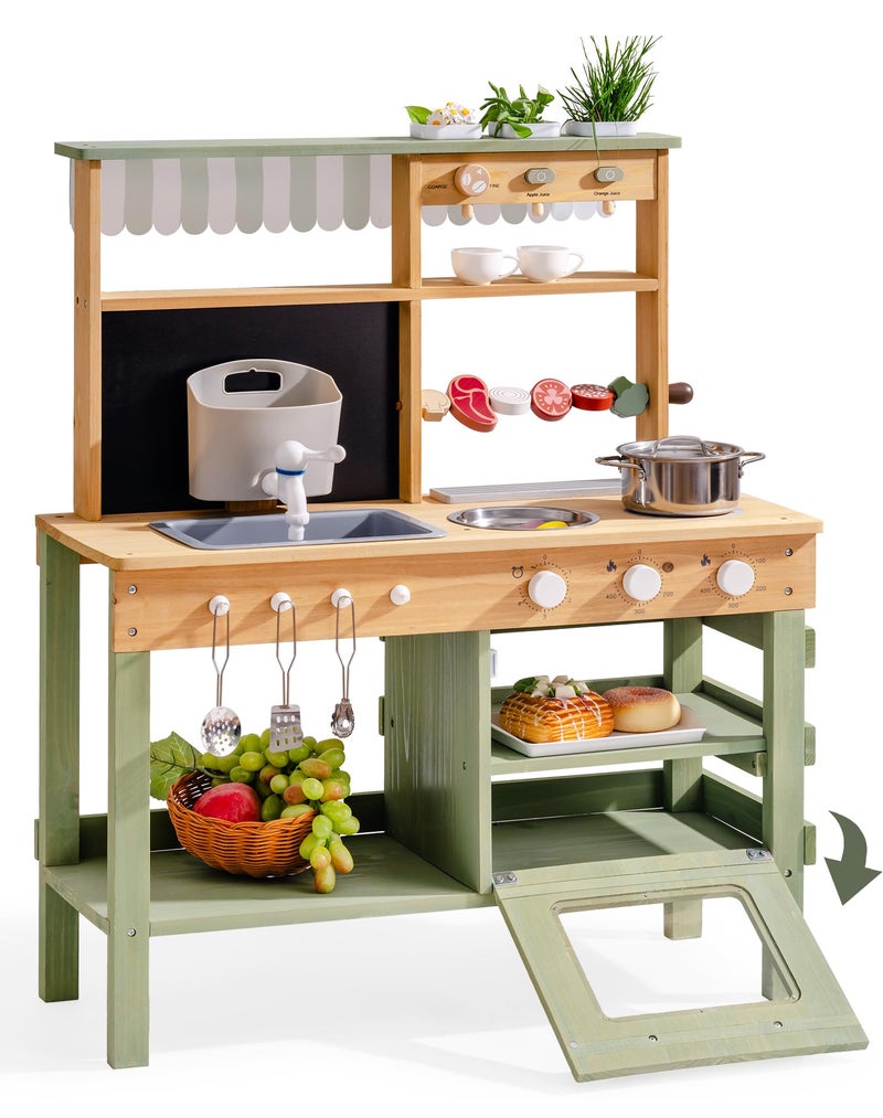 ROBUD Mud Kitchen for Kids Outdoor, BBQ Grill Solid Wood Outdoor Play Kitchen, Green Kids Mud Kitchen with Working Water Tap, Blackboard, Garden Sink, Monteeori Toys for Children Ages 3+, WH003-2 - Image 1