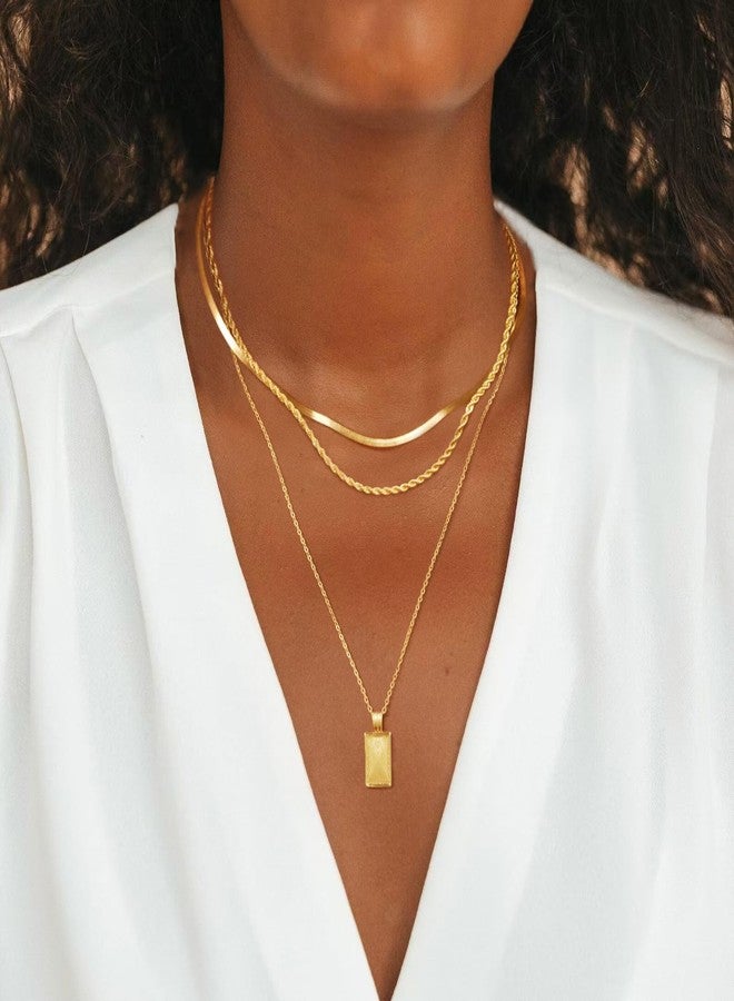 MFRYK Gold Necklaces Stack For Women,14K Gold Plated Simple Layered Choker Necklaces For Women,Stackable Multilayer Gold Square Pendant Rope Herringbone Cable Chain Layering Necklaces Set For Women - Image 2