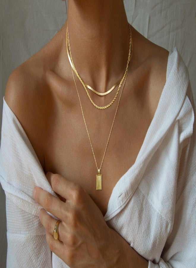 MFRYK Gold Necklaces Stack For Women,14K Gold Plated Simple Layered Choker Necklaces For Women,Stackable Multilayer Gold Square Pendant Rope Herringbone Cable Chain Layering Necklaces Set For Women - Image 3