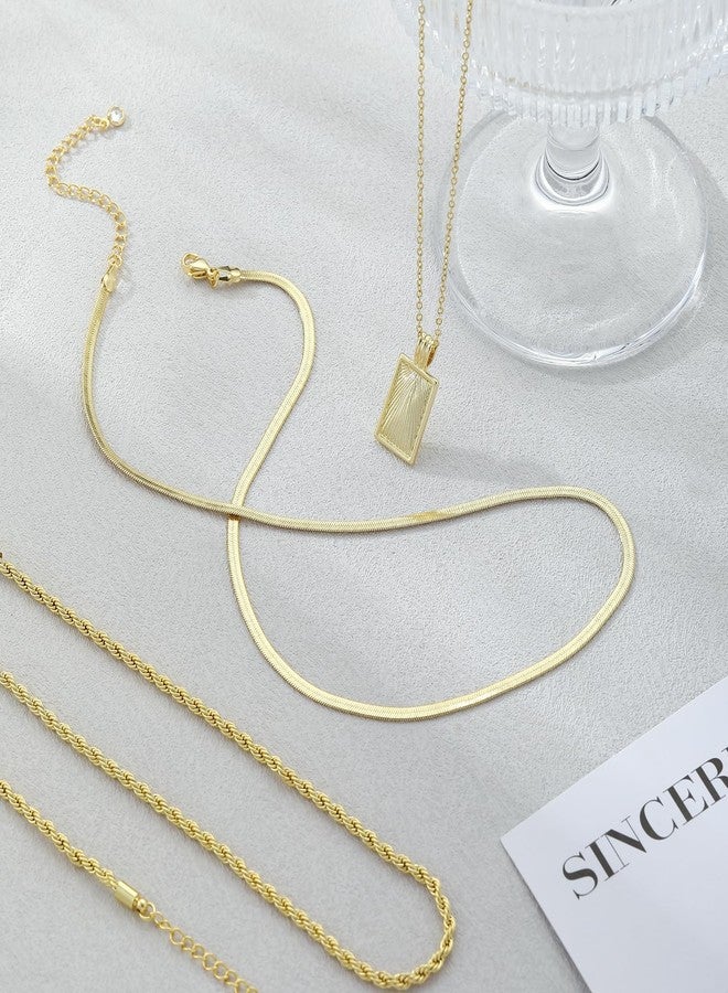 MFRYK Gold Necklaces Stack For Women,14K Gold Plated Simple Layered Choker Necklaces For Women,Stackable Multilayer Gold Square Pendant Rope Herringbone Cable Chain Layering Necklaces Set For Women - Image 5