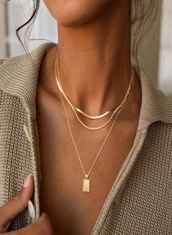 MFRYK Gold Necklaces Stack For Women,14K Gold Plated Simple Layered Choker Necklaces For Women,Stackable Multilayer Gold Square Pendant Rope Herringbone Cable Chain Layering Necklaces Set For Women - Image 4