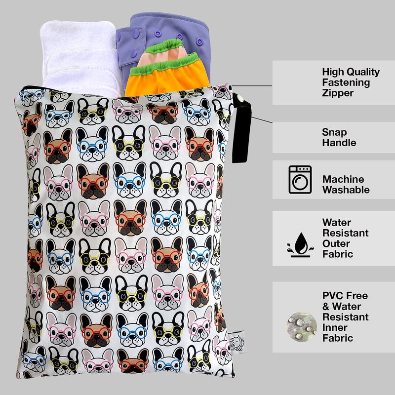 FLOCK THREE Washable and Reusable Wet Bag Diaper Bag Water Resistant Swimming Bag Travel Toiletries Pouch Pugs Dog Print Zippered 12.6'' x 16.5'' - Image 3