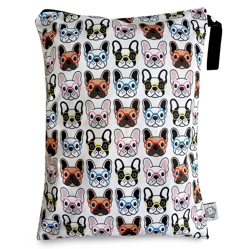 FLOCK THREE Washable and Reusable Wet Bag Diaper Bag Water Resistant Swimming Bag Travel Toiletries Pouch Pugs Dog Print Zippered 12.6'' x 16.5'' - Image 1