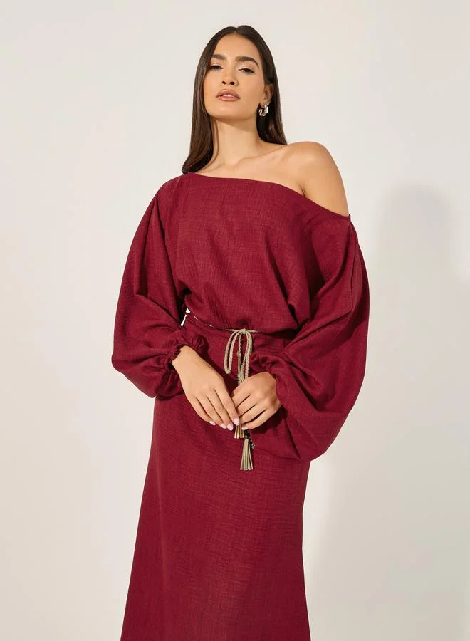 Styli Off Shoulder Neck Balloon Sleeves A-Line Maxi Dress