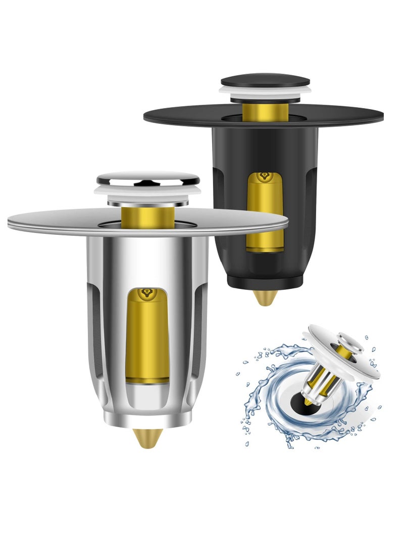 Pop Up Sink Plug, 2 Pack Universal Bathroom Stopper, Plug Pop-up Drain Filter for 1.02~1.96 Inch Basin Replacement (Black + Silver) - Image 1