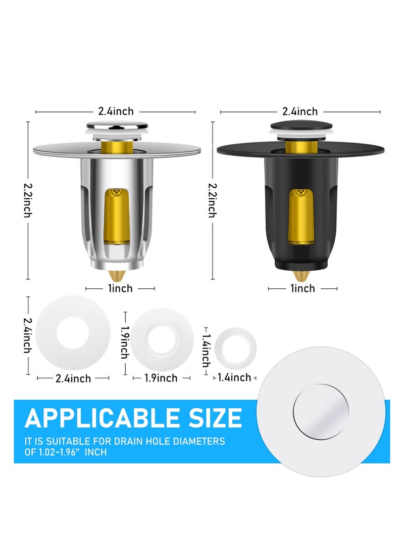 Pop Up Sink Plug, 2 Pack Universal Bathroom Stopper, Plug Pop-up Drain Filter for 1.02~1.96 Inch Basin Replacement (Black + Silver) - Image 2