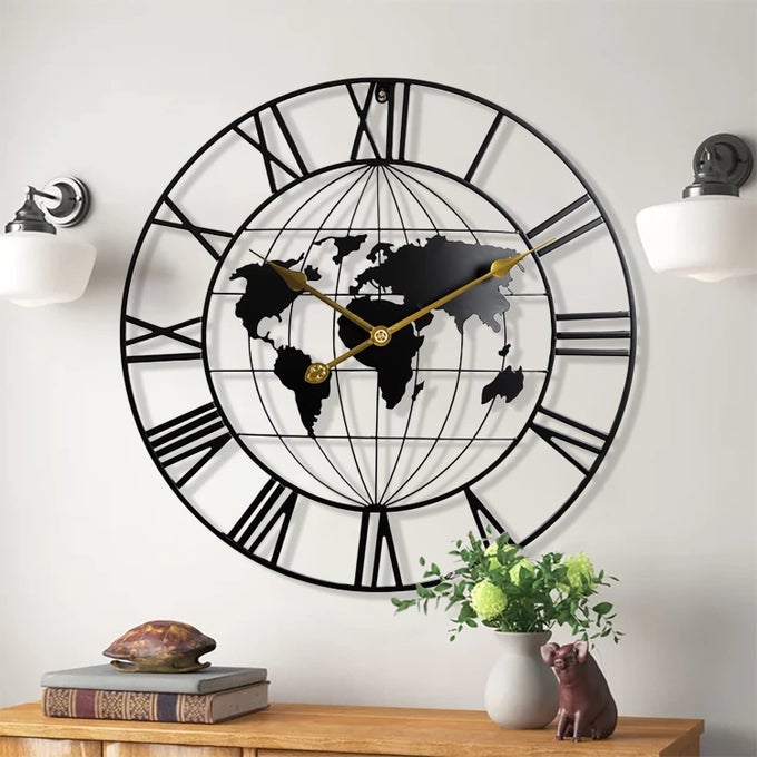 LARGE WORLD MAP WALL CLOCKMETAL MINIMALIST MODERN CLOCKROUND DECORATIVE SILENT NONTICKING BATTERY OPERATED WALL CLOCKS FOR LIVING ROOMENTRYWAYKITCHENBEDROOMOFFICESCHOOL DECOR 24 INCH