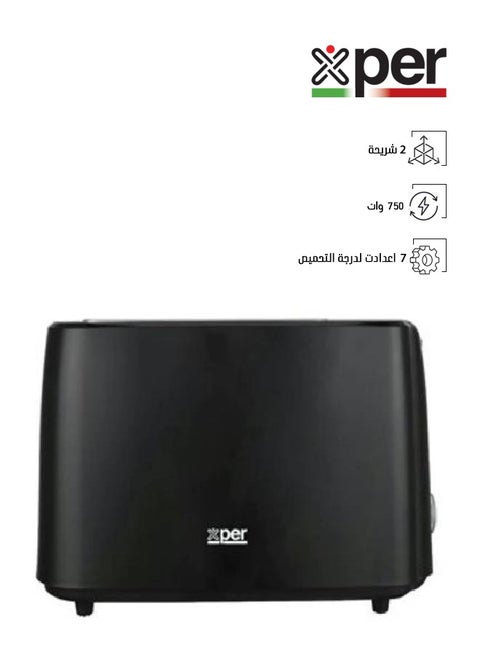 Toaster - 2 Slices - 750 Watts - 7 Settings - Black - XPTO-750