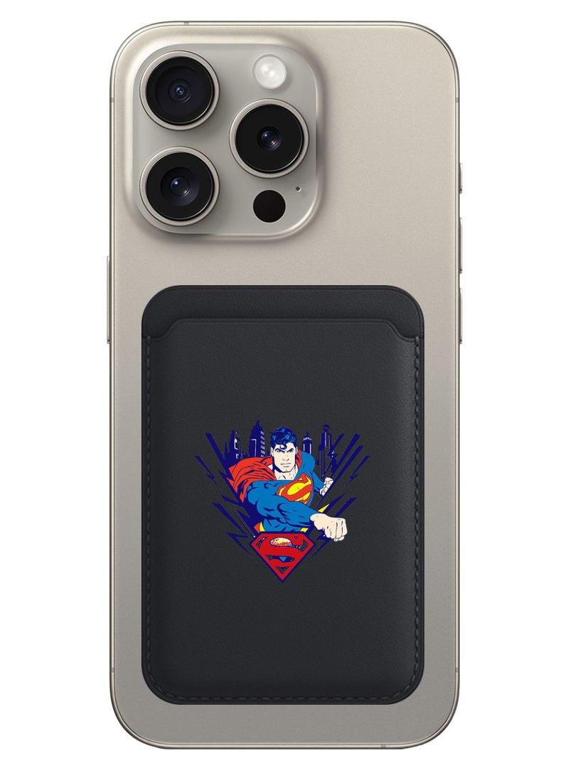 Theodor محفظة مغناطيسية، متوافقة مع محفظة MagSafe، لمحفظة آيفون، لسلسلة آيفون 16/15/14/13/12، غير متوافقة مع آيفون 13/12 ميني، حاملة 3 بطاقات، جلد نباتي، أسود - سوبرمان - Image 1