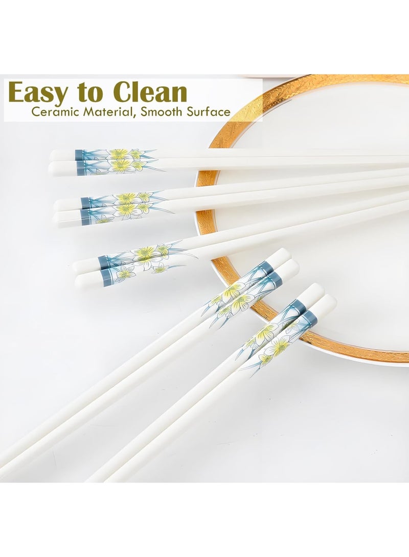 SYOSI Ceramic Chopsticks Set, Reusable Chopsticks, Non-Slip Tableware, Heat-Resistant & Non-Toxic Ceramic Utensils for Asian Cuisine, Elegant Daffodil Floral Pattern, Dishwasher Safe(White,5-Pair, 24.1cm) - Image 2