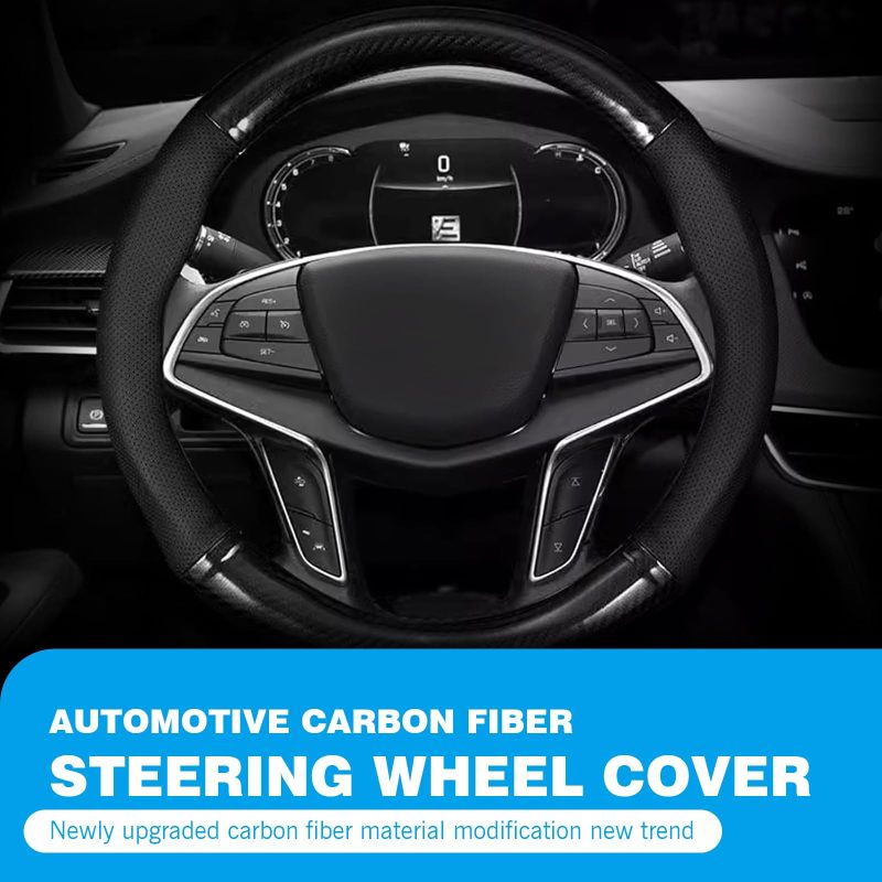 Breathable Leather Anti-Slip Steering Wheel Cover Black Round Universal Fit - Carbon Fiber Design For SUVs Trucks - Image 3