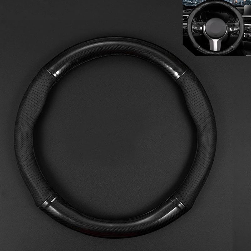 Breathable Leather Anti-Slip Steering Wheel Cover Black Round Universal Fit - Carbon Fiber Design For SUVs Trucks - Image 1