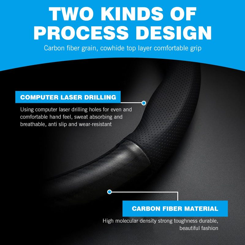 Breathable Leather Anti-Slip Steering Wheel Cover Black Round Universal Fit - Carbon Fiber Design For SUVs Trucks - Image 5