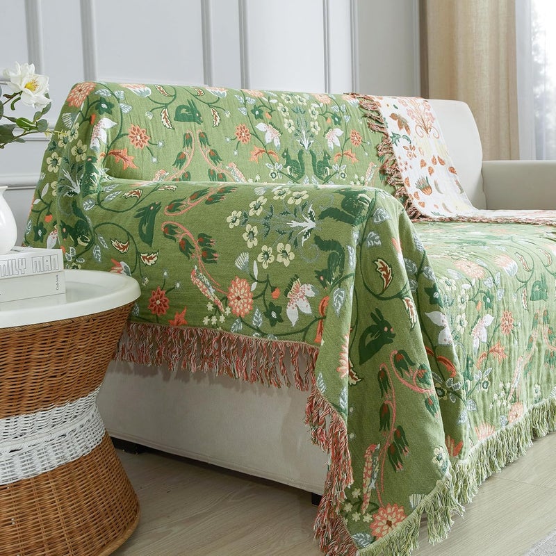 SE SOFTEXLY Boho Throw Blanket for Bed 60”x80”, 100% Cotton Woven Blanket for Couch Sofa, Ultra Soft 4-Layer Muslin Quilt with Floral Printed, Farmhouse Bed Blanket/Cover for Living Room Decor - Image 5