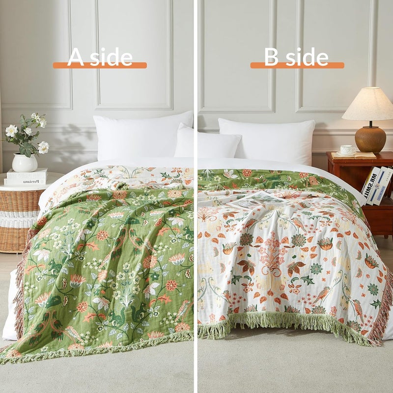 SE SOFTEXLY Boho Throw Blanket for Bed 60”x80”, 100% Cotton Woven Blanket for Couch Sofa, Ultra Soft 4-Layer Muslin Quilt with Floral Printed, Farmhouse Bed Blanket/Cover for Living Room Decor - Image 2